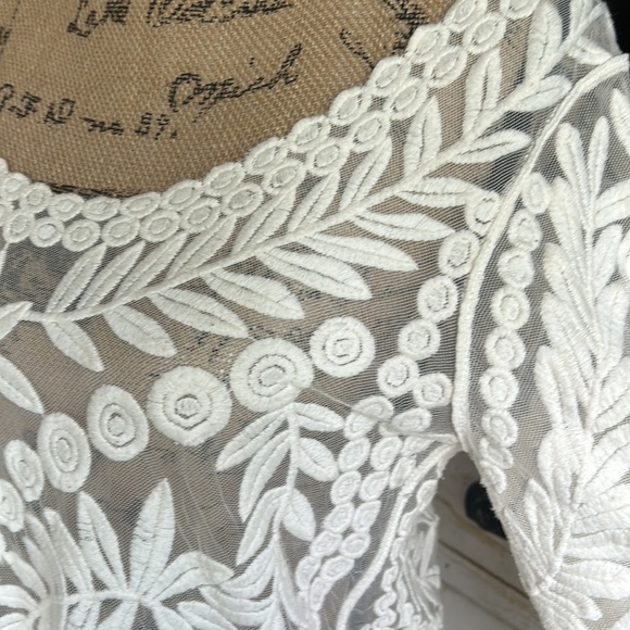 Anthro Meadow Rue cream Lace Grace long sleeve sheer shirt scoop neck scallops - Picture 6 of 16